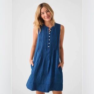 Faherty Isha Indigo Linen Shift Dress Boho Coastal Sleeveless Button Pintucks S
